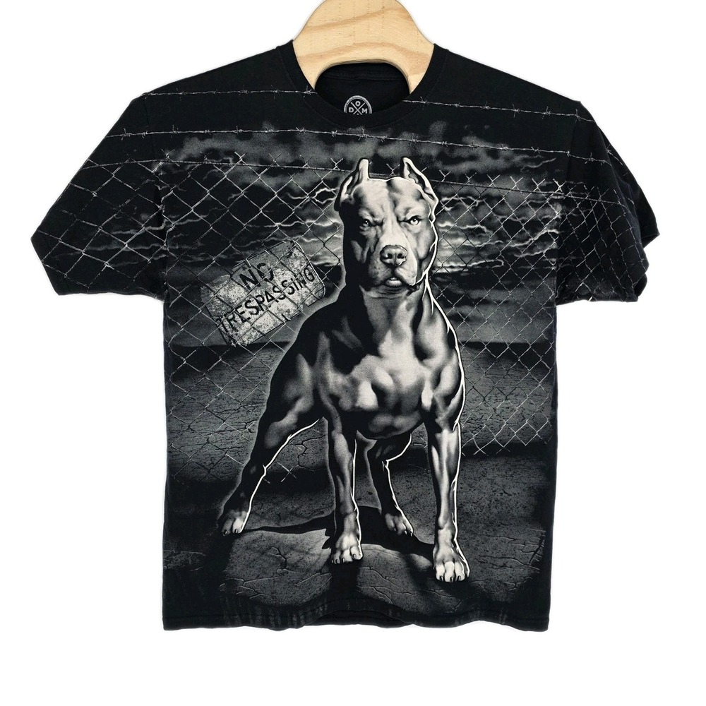 DOM Pit Bull No Trespassing Full Torso Graphic Tee Black T-shirt Dog Warning